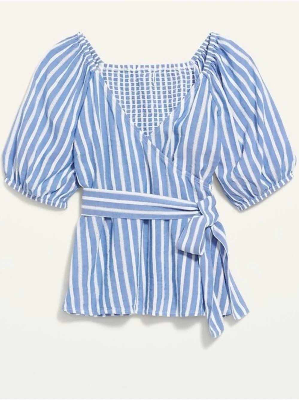 Old Navy Blue and White Striped Wrap Puff Sleeve Top